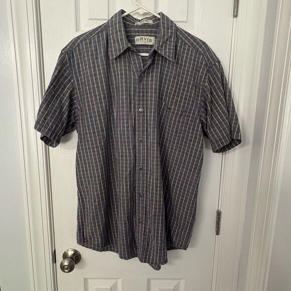 Orvis Short Sleeve Button Front Shirt Men’s Large Gray Multicolor Stripe 100% Co - Picture 1 of 11